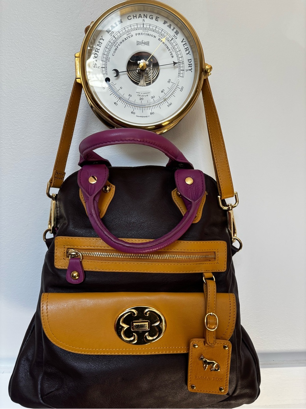 Emma Fox Two-Tone Black and Mustard Leather Satchel with Purple Handles